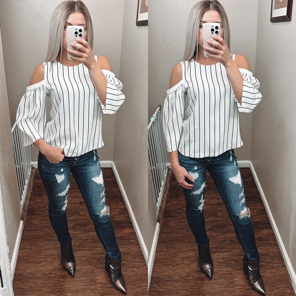 Ann Taylor | Swanky black and white striped cold shoulder Top size Small